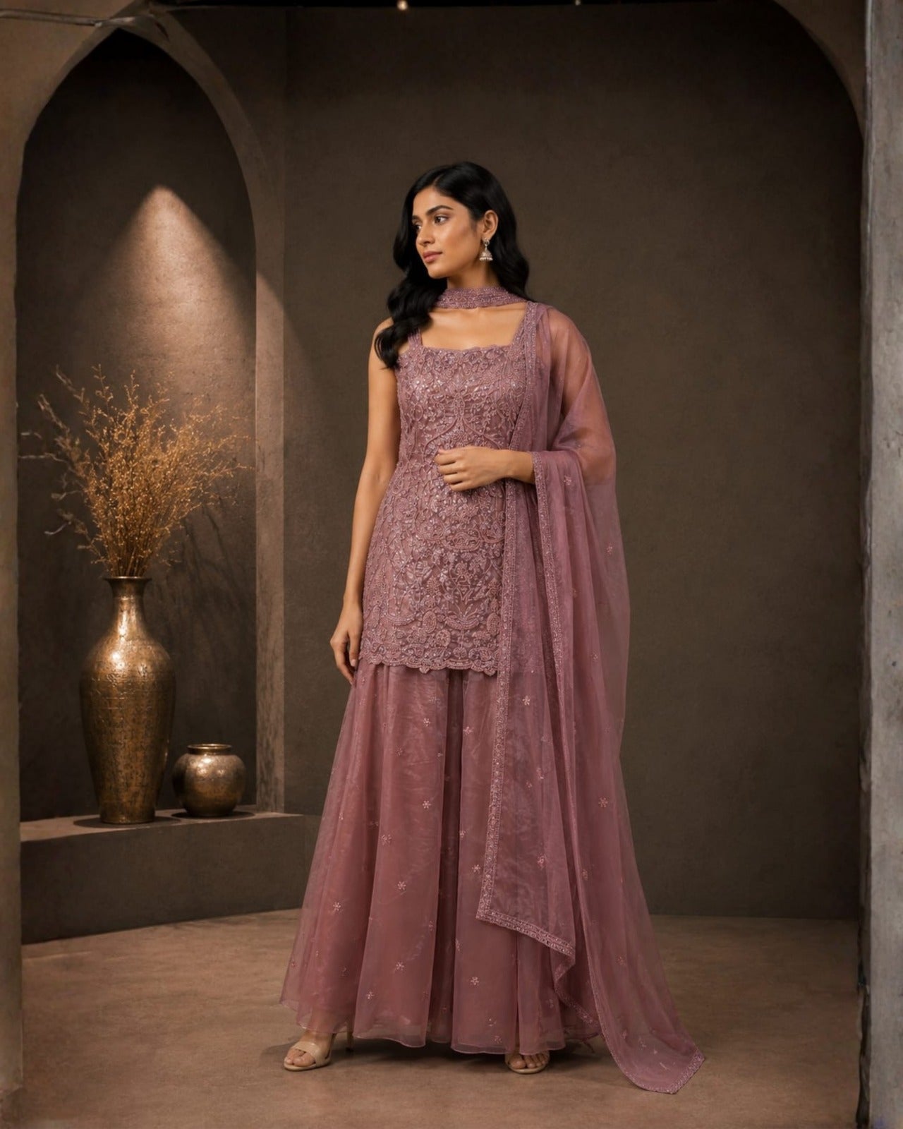 Mauve Glass Tissue Embroidered Sharara Set with Dupatta